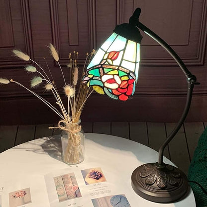 Bieye L10759 Tiffany Style Stained Glass Table Lamp Night Light with Swing Arm Base for Working Reading Home Decoration (Rose Flower)