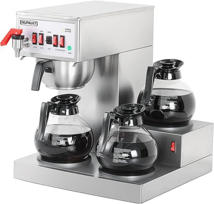 12 Cup Commercial Coffee Maker, Auto Filling Drip Coffee Maker Machine with 3 Glass Carafes 3 Warmers, Stainless Steel Pour Over Coffee Brewer with Hot Water Supply for Restaurant Office Cafe