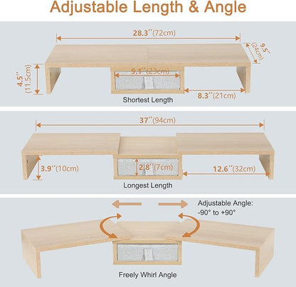 TEAMIX 3 Shelf Monitor Stand Riser with Drawer-Length and Angle Adjustable Dual Monitor Riser with Storage Corner Desk Shelf Organizer Large Computer Stand for 2 Monitors/Laptop (Maple, 1 Drawer)