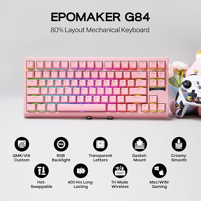EPOMAKER G84 80% RGB Gaming Mechanical Keyboard, 2.4GHz/ Type-C/BT Wireless Keyboard, QMK/VIA Programmable, Hot-Swappable, NKRO, with Shine Through PBT Keycaps for Gamers (Pink, Creamy Jade Switch)