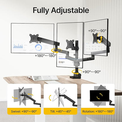 monTEK Triple Monitor Mount for Max 27 inch Computer Screens, 3 Monitor Desk Mount Each Arms Holds up to 19.8lbs, Three Monitors Desk Arm with Swivel, Tilt, Rotation, MA1009PBK-T
