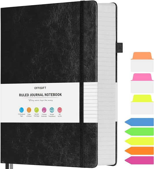 Lined Journal Notebook, Large A5 College Ruled Notebook, 312 Numbered Pages Work Notebook with Index Stickers, 100gsm Thick Paper, Hardcover Vegan Leather Journal for Women Men School Office, Black