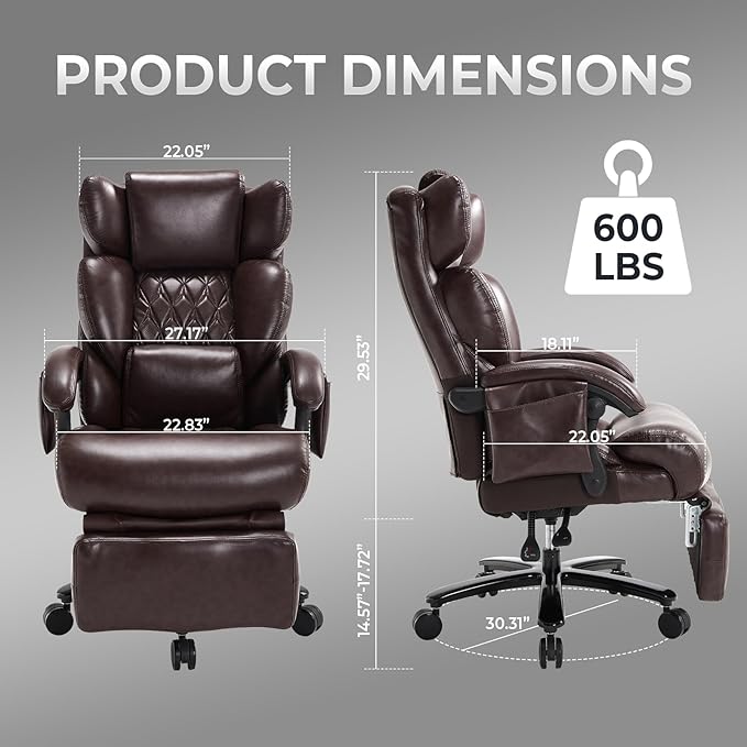 3-in-1 Massage Office Chair with Foot Rest 600LBS Big and Tall Office Chair with Massager and Heat for Heavy People, Reclining Executive Heavy Duty Office Chairs Brown