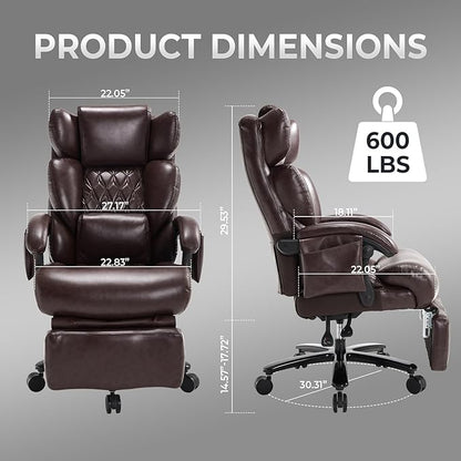 3-in-1 Massage Office Chair with Foot Rest 600LBS Big and Tall Office Chair with Massager and Heat for Heavy People, Reclining Executive Heavy Duty Office Chairs Brown