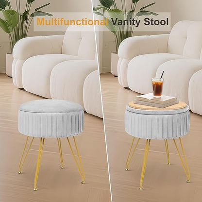 Round Vanity Stool with Storage Ottoman,Vanity Chair for Makeup Room with Removable Cover, Small Footrest Ottoman for Home, Living Room, Bedroom (Grey)