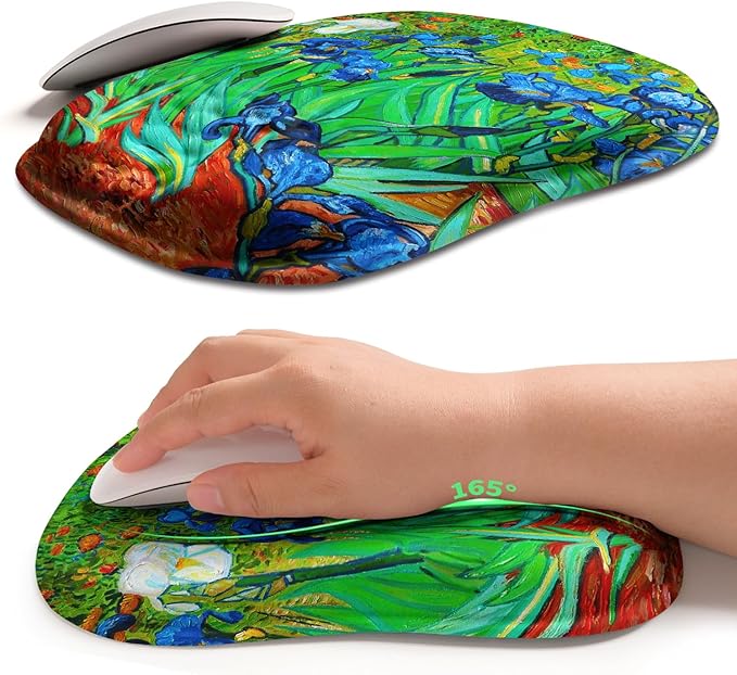 Hokafenle Ergonomic Wrist-Hugging Mouse Pad Wrist Support, U-Shaped Holding Wrist Rest Mousepad for Carpal Tunnel Pain Relief with Cushioned Memory Foam Slope Massage Bulge (10.2x8.3 in,Iris Flower)