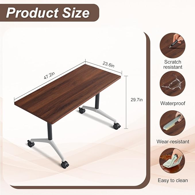 Folding Conference Table,Conference Table with Wheels,Large Flip-Top Training Table,Freely Combinations,Easy to Move for Offices, Schools,Training Rooms（2,Walnut,47in