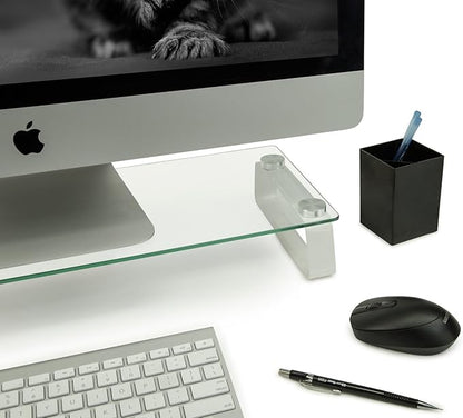 Mount-It! Glass Computer Monitor Riser and Laptop Stand | Clear Flat Screen Display Stand, Desktop Shelf and Organizer, Glass and Aluminum Construction, 22 Inches Wide, 44 lb Carrying Capacity