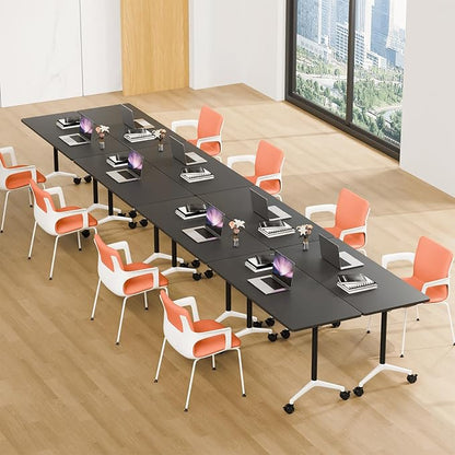 Conference Room Table, 55 Inch Folding Conference Tables with Wheels, Modern Office Meeting Table, Easy Flip & Nest Design, Rectangular Seminar Tables with Metal Frame for 2-24 People (J, 6PCS)