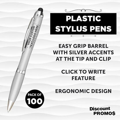 DISCOUNT PROMOS Custom Plastic Stylus Pens Set of 100, Personalized Bulk Pack - Black Ink, Great for Office, School, Business, Tradeshows, Events - Silver