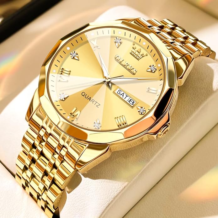 OLEVS Mens Watch Stainless Steel Analog Quartz Watches for Men Day Date Easy Read Diamond Waterproof Dress Luxury Classic Casual Big Face Blue/Black/Gold/Silver Roman Arabic Numerals Men's Wrist Watch
