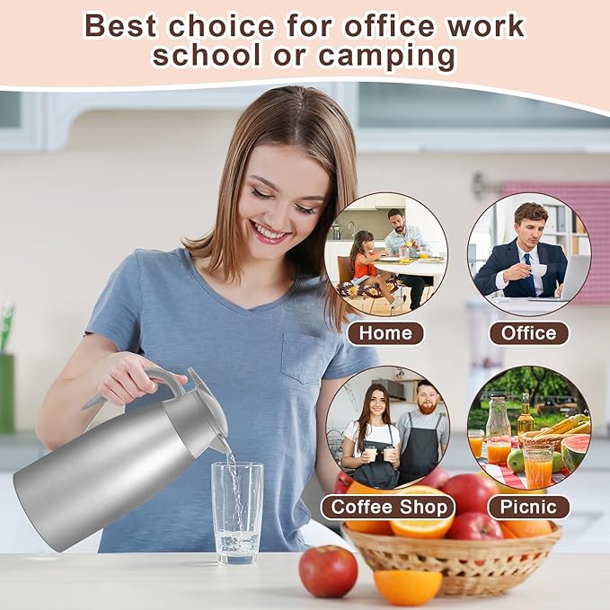 Norme 2 Pcs Thermal Coffee Carafe Insulated Stainless Steel Coffee Carafe for Hot Liquid Vacuum Thermal Pot Creamer Pitcher Dispenser with Brushes Keeping Hot Water Milk(Gray,68 oz)
