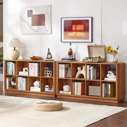 8 Cube Storage Book Shelf, 52" Long Horizontal Bookshelf with Curved Edge, Floor Standing Wooden Cubby Bookcase with Base, Modern Low Console Book Case, TV Stand for Living Room, Orange Oak