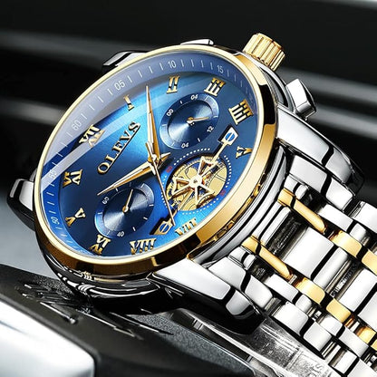 OLEVS Mens Watches Fashion Casual Analog Quartz Watch Waterproof Dress Wrist Watches with Stainless Steel Band Day Window for Men (Band with Gold Blue dial)
