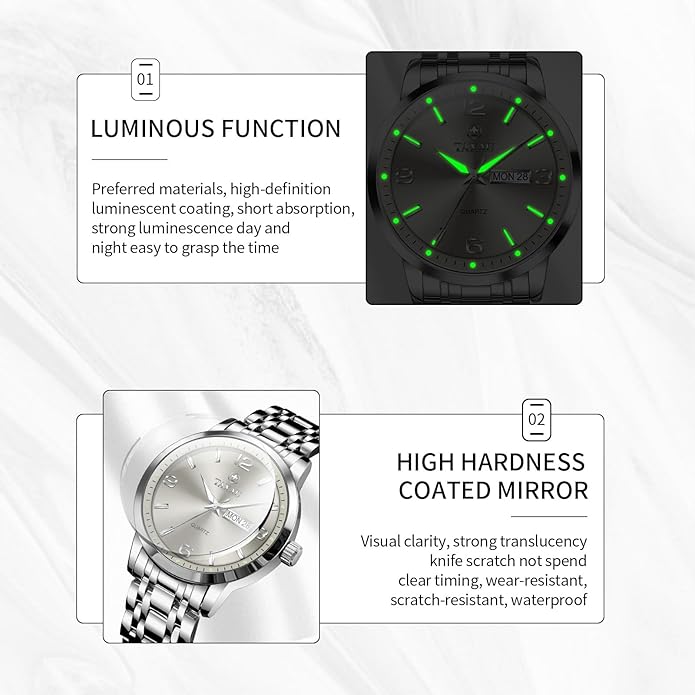 Stainless Steel Mens Watches with Day Date Quartz Analog Large Face Classic Watch Arabic Numerals Dress Luminous Rlojes para Hombres
