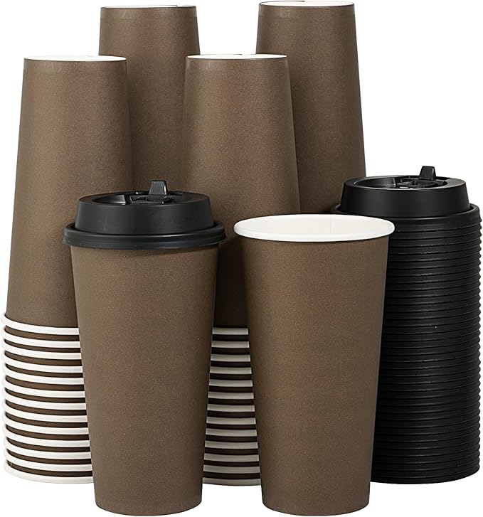 LITOPAK 100 Pack 20 oz Disposable Paper Coffee Cups with Lids for Coffee, Water, Juice, or Tea, Brown Hot Paper Cups for Home, Restaurant, Store, and Cafe