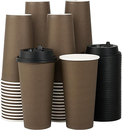 LITOPAK 100 Pack 20 oz Disposable Paper Coffee Cups with Lids for Coffee, Water, Juice, or Tea, Brown Hot Paper Cups for Home, Restaurant, Store, and Cafe