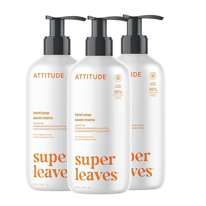ATTITUDE Liquid Hand Soap, EWG Verified, Plant and Mineral-Based, Vegan Personal Care Products, Orange Blossom & Eucalyptus, 16 Fl Oz (Pack of 3)