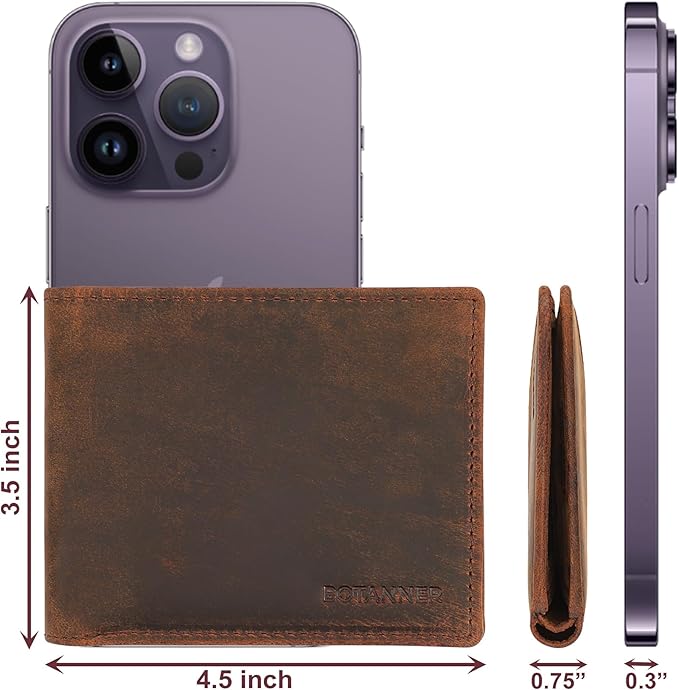 Genuine Leather Bifold Mens Wallet RFID Blocking 5 Credit Card Slots 1 ID Window 2 Sections for Bills 2 Additional Slots | Brown