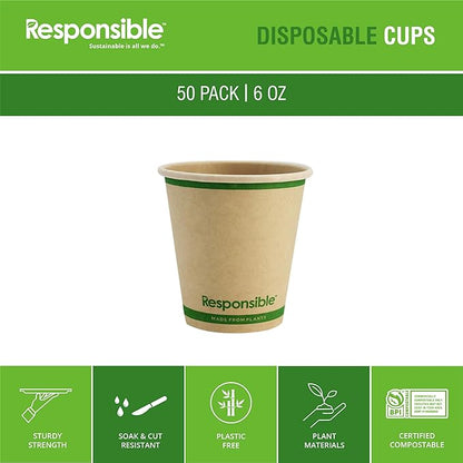 Responsible Products Certified Compostable 6 oz Paper Cups, Cold ＆ Hot Coffee Cups, Disposable Paper Cups, Extra Strength Disposable Cups, Made without PFAS (50 count)