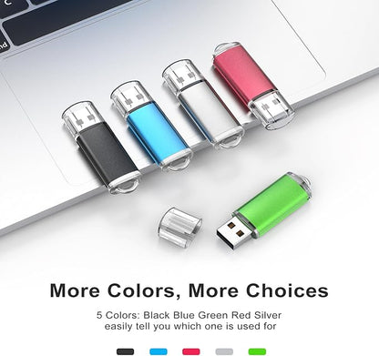 TOPESEL 5 Pack 1GB USB 2.0 Flash Drive Memory Stick Thumb Drives (5 Mixed Colors: Black Blue Green Red Silver)