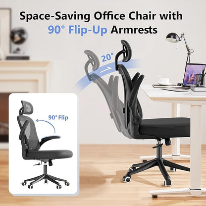 Computer Desk Chair, Ergonomic Office Chair M903 with Wheels, High Back Mesh Office Chair with Adjustable Lumbar Support, Headrest, Flip-Up Armrests, Black