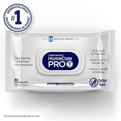 Homecare Pro Oversized Daily Cleansing Adult Wipes With 6 Moisturizers Wet Cleansing, Rinse Free, Bathing Wipes, Hospital Grade pH Balanced for Fragile Skin - | 48 Count XL |- 1 Pack