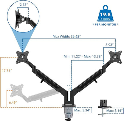 Mount-It! Dual Monitor Arm for 2 Monitors 17" to 32" Screens, Holds 19.8lbs per Arm, Height Adjustable, Tilt/Swivel/Rotate, Gas Spring System, Max VESA 100x100, C-Clamp & Grommet Base