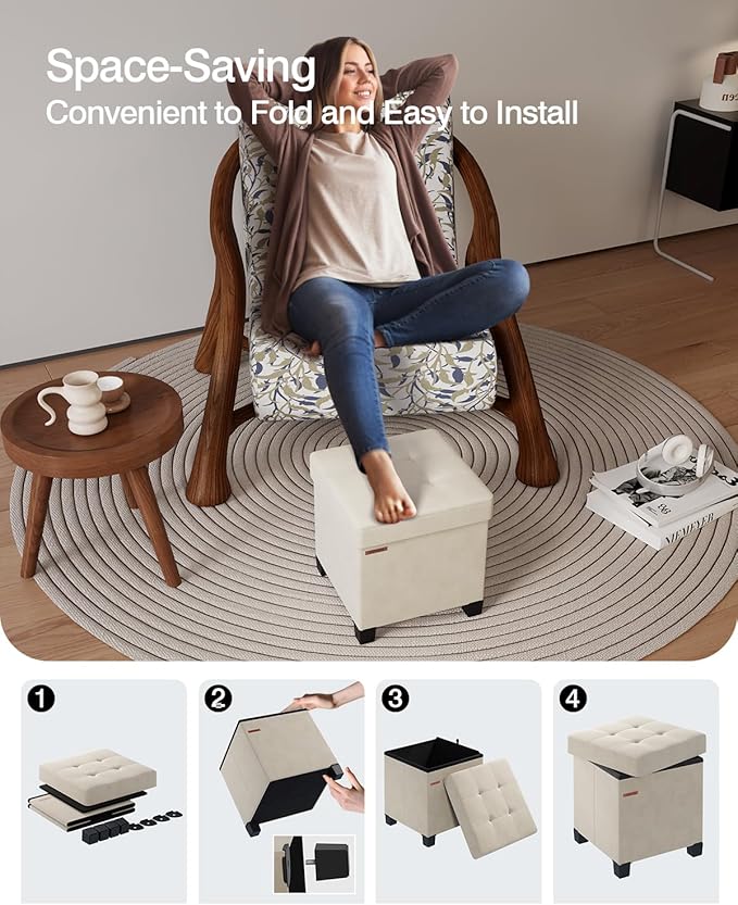 Cube Storage Ottoman, Velvet Foot Stool with Feet, Folding Bench, End of Bed Bench, Storage Chest, for Living Room, Bedroom and Office, 15 x 15 x 15.7 Inches, Cream White, ASND22W