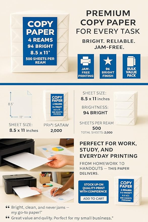 Copy Paper – 4 Reams, 500 Sheets Each, 94 Bright, 8.5 x 11" – Multipurpose Printer Paper for Home, Office, School – Jam-Free, Acid-Free, High Performance
