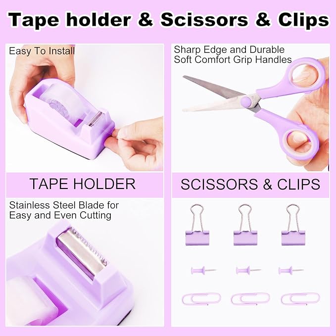 Desk Organizers and Accessories Set with 360-Degree Rotating Pen Holder, Tape Dispenser, Stapler, Staple Remover, 1000 Staples, Tape, Clips Set, Ruler, Scissor, Pen (Purple, 10 Pcs Set)