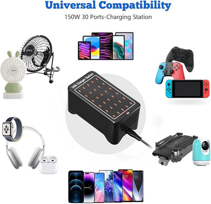 USB C Charger Station 150W, 30 Port USB Charger Block USB Charging Hub, Multiport USB C Charger Desktop Charger Compatible with iPhone 16/15/14/13/12/11, iPad, Tablets, Samsung GalaxyS23 S22,Phone