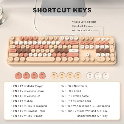 Colorful Computer Keyboards Wired, USB Plug and Play Full Size Typewriter Keyboard, Cute Aesthetic Keyboard with Foldable Stands for Windows PC Laptop (Milk Tea)