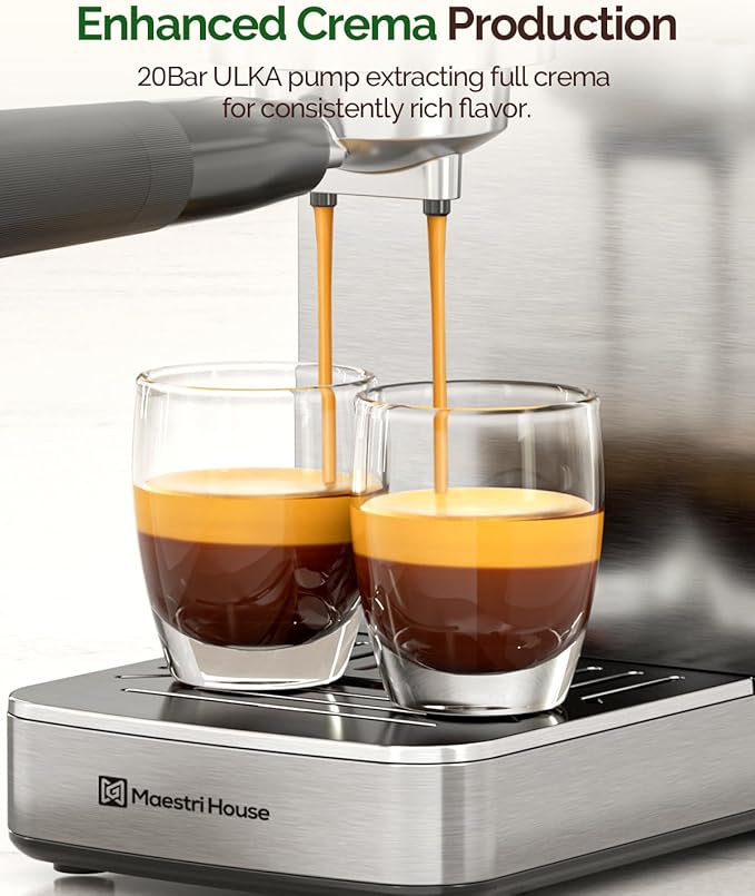 Maestri House Espresso Machines 20 Bar ULKA Pump, Compact Espresso Maker Built-in Flow Meter Steam Milk Frother, 43oz Removable Water Tank Stainless Steel Coffee Machine for Cappuccino (Sliver)
