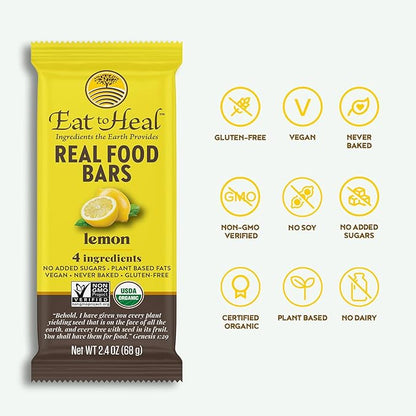 EatToHeal Lemon Real Food Bar - Organic Vegan Healthy Gluten Free Protein Bars - Low Sugar Meal Replacement Bar, Non GMO, Never Baked, Plant Based - Crafted to Enjoy, Not Sit on Shelves