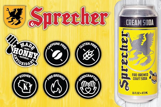 Sprecher Cream Soda Craft Soda – Fire-Brewed with Real Honey, Rich Vanilla Honey Flavor, Handcrafted, Caffeine-Free Gourmet Beverage – 16 fl oz Cans (12 Pack)
