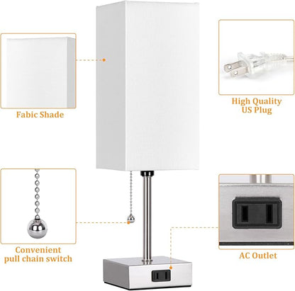 Dott Arts Touch Control Bedside Lamp, 3 Way Dimmable Nightstand Lamp with 2 USB Ports & AC Outlet, Modern Style, White Fabric Shade