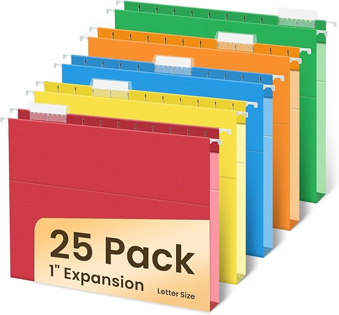 SUNEE Hanging File Folders Extra Capacity Assorted Colors, 25 Pack Letter Size File Folders with 1/5-cut Tabs, Heavy Duty 1 Inch Expansion, Stay Organized for Your Home and Office Bulk File