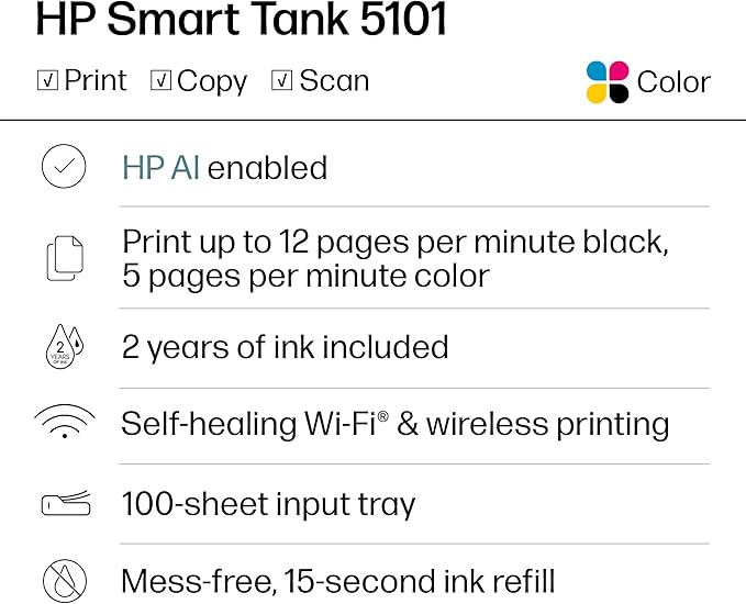 HP Smart Tank 5101 Wireless All-in-One Refillable Ink Tank Printer, Scanner, Copier with 2 years of Ink included, Wireless printer for home use (1F3Y0A)