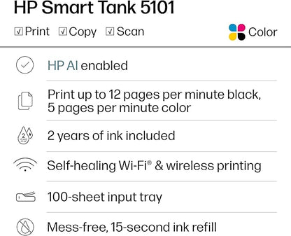 HP Smart Tank 5101 Wireless All-in-One Refillable Ink Tank Printer, Scanner, Copier with 2 years of Ink included, Wireless printer for home use (1F3Y0A)