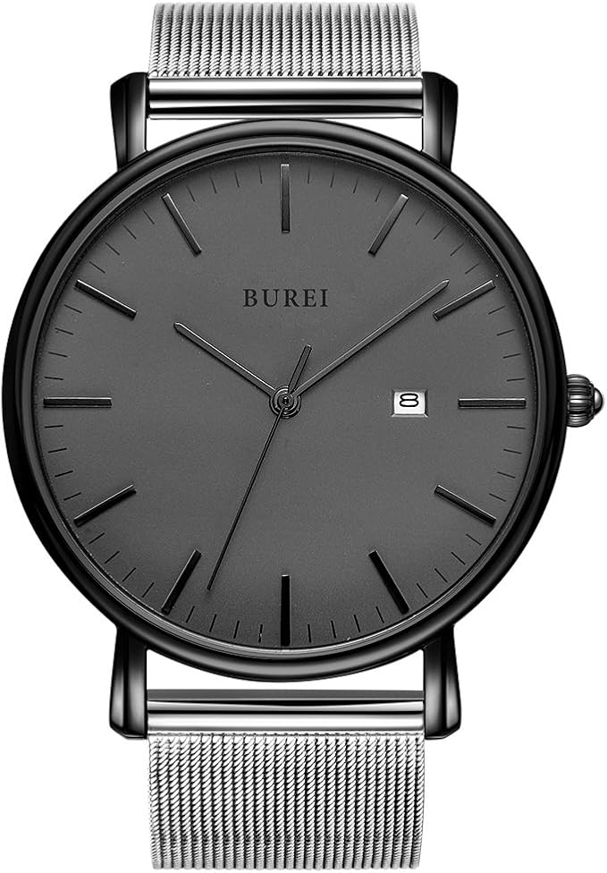 BUREI Men Watches Brown Leather Fashion Minimalist Wrist Watch Simple Ultra Thin Waterproof Quartz Watches All Black Stainless Steel Mesh Band,Gift for Men Women