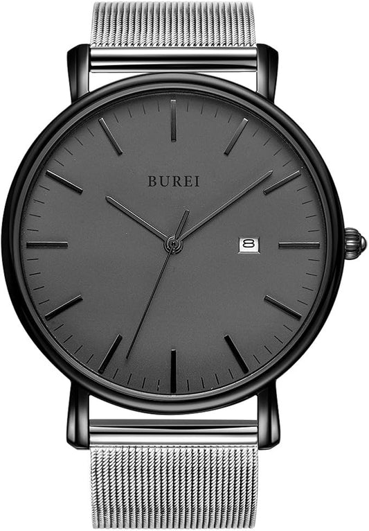 BUREI Men Watches Brown Leather Fashion Minimalist Wrist Watch Simple Ultra Thin Waterproof Quartz Watches All Black Stainless Steel Mesh Band,Gift for Men Women