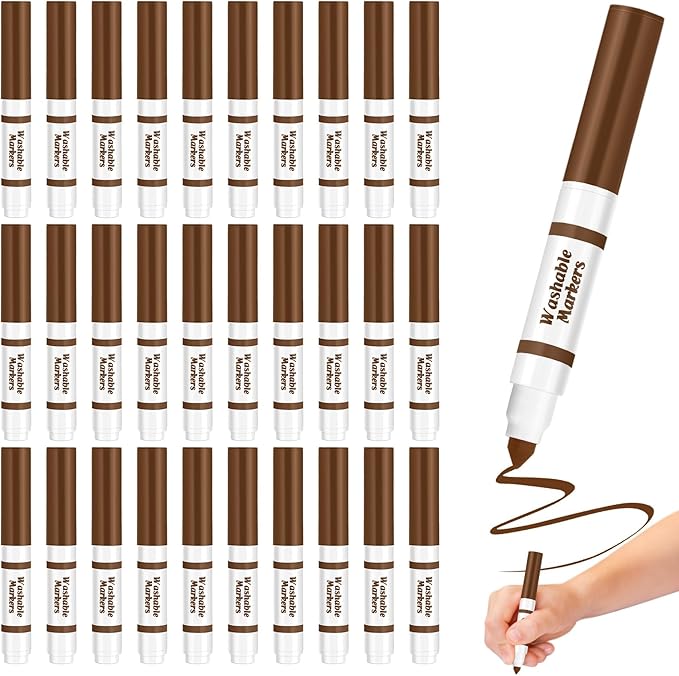 Janlaugh 30 Pcs Mini Washable Markers Bulk Broad Line Conical Tip Washable Mark Pen Set Short Coloring Paint Pen for Art Projects Teacher Party Favors(Brown)
