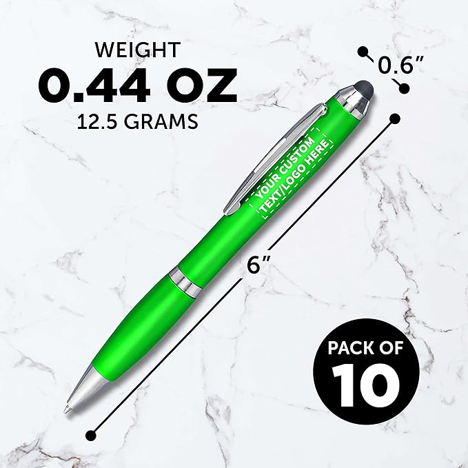 DISCOUNT PROMOS Custom Plastic Stylus Pens Set of 10, Personalized Bulk Pack - Black Ink, Great for Office, School, Business, Tradeshows, Events - Green