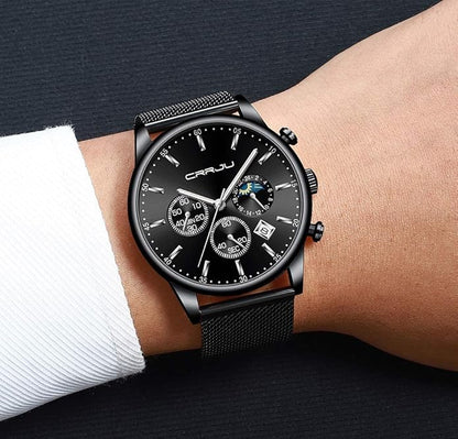 CRRJU Men's Fashion Casual Watches Auto Date Chronograph Watch Men Nice Work Watches Waterproof 30M Full Steel Quartz with Mesh Strap