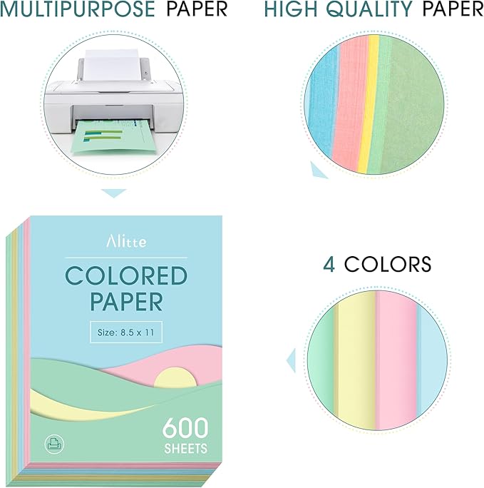 Colored Paper 8.5 x 11 - Copy Paper, 600-Pack Letter Size for Printer, Arts & Crafts, DIY Projects - Pink, Green, Blue, Yellow - School & Office Supplies - 150 Sheets Per Color