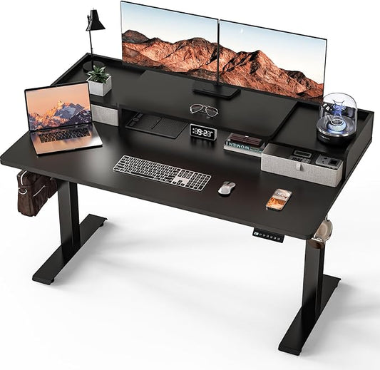 Kingant 55 x 30 Inch Standing Desk with Drawers, Adjustable Height Electric Sit Stand Desk with Storage Shelf, Rising Stand Up Computer Desk for Home Office Workstation, 3 Preset Heights