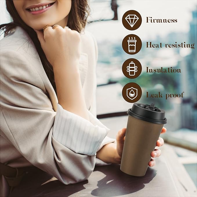 LITOPAK 100 Pack 16 oz Disposable Paper Coffee Cups with Lids for Coffee, Water, Juice, or Tea, Brown Hot Paper Cups for Home, Restaurant, Store, and Cafe