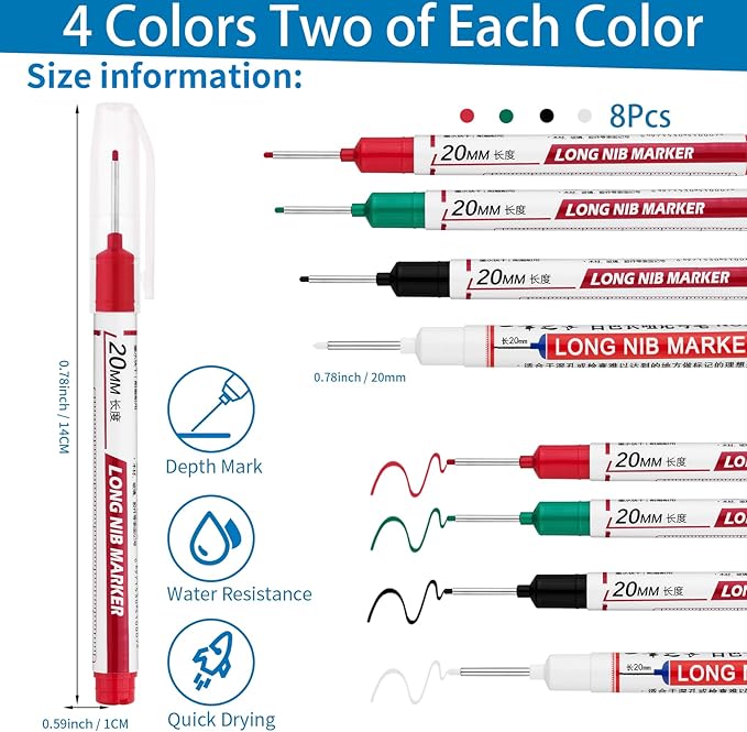 8 PCS Long Head Deep Hole Marker Pens,20mm Long Nib Marker, Longs Nose Markers, Waterproof Construction Markers Marking Tool,Permanent Markers Carpenter Ink marker Pens,Metal marking Pens03