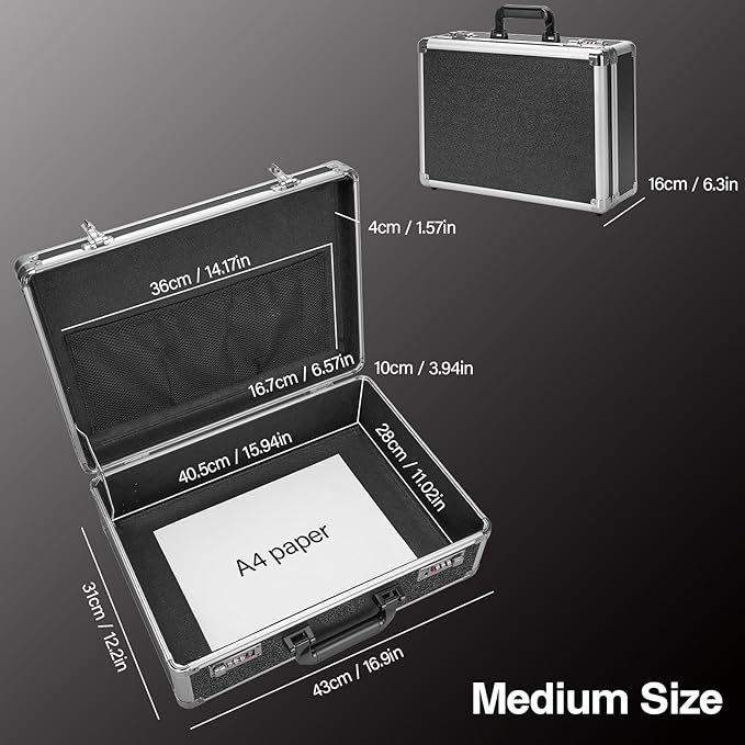 File Organizer Storage Box - 16.8 x 12.1 x 6 Inch Large, Portable Locking Storage Totes with Dual Combination Locks, Lock Boxes for Personal Items, Cash, Briefcase - Black